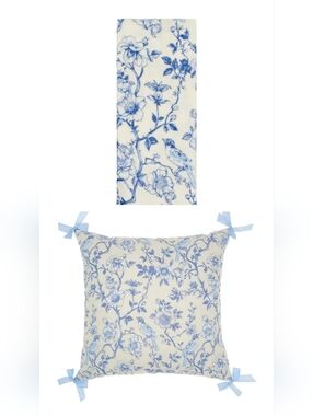Blue Floral Bird Decorative Pillow with Ties & Plush Throw